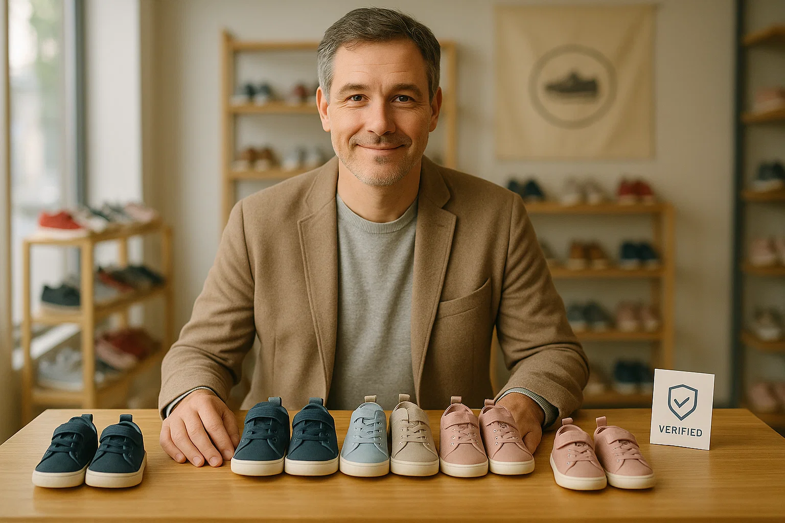 Bob showcasing children's shoes