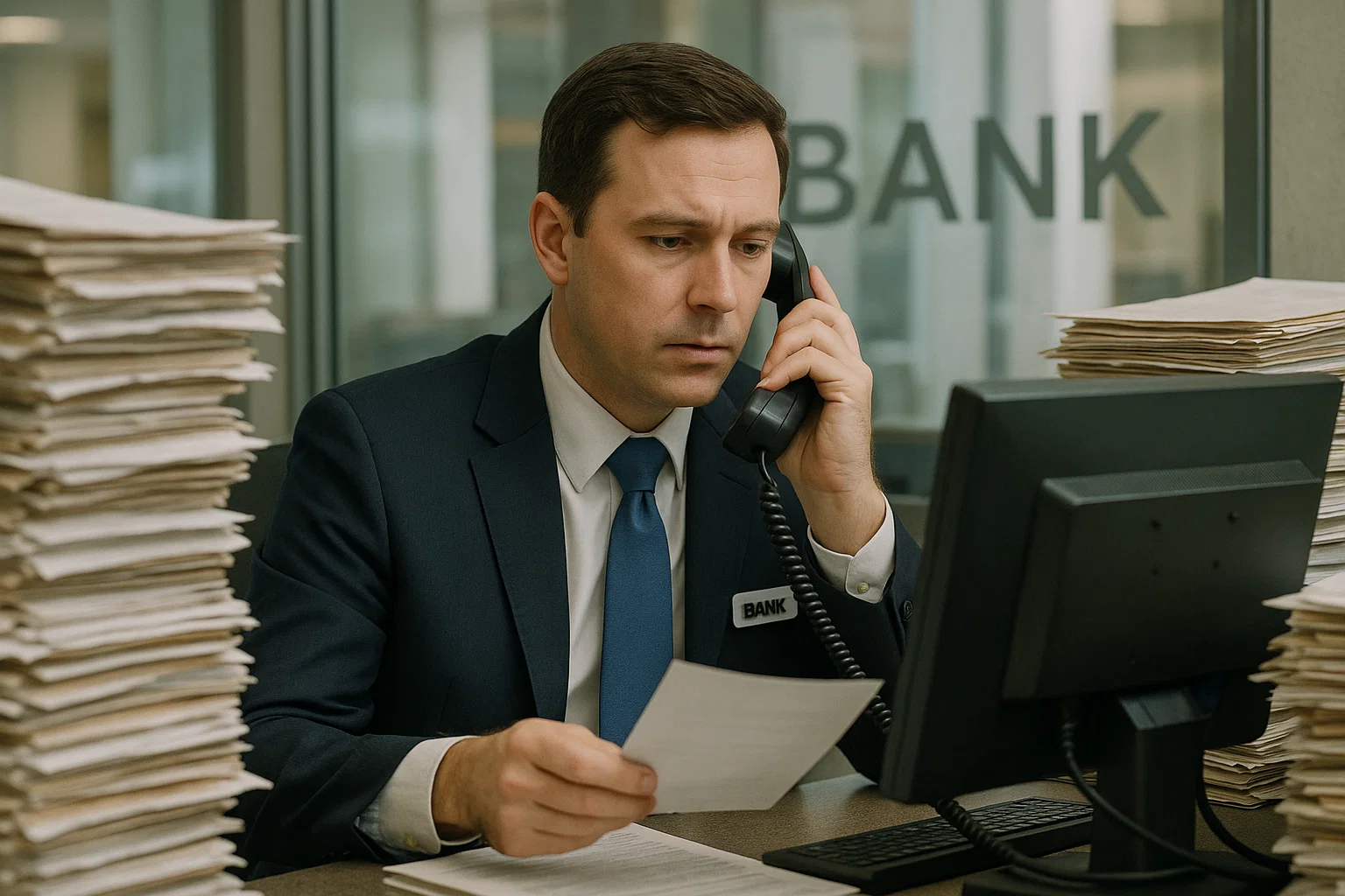 Bank teller contacting several notary offices surrounded by stacks of documents
