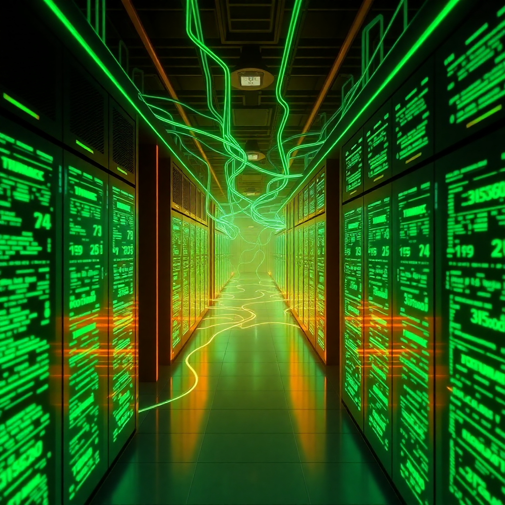 Digital database with glowing green server racks