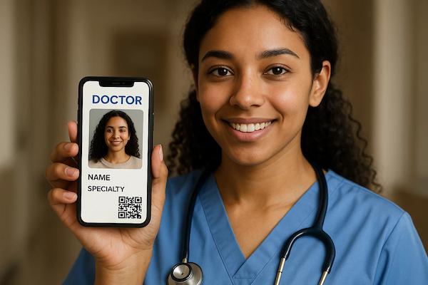 Hospital reception verifying clinician credentials on a tablet