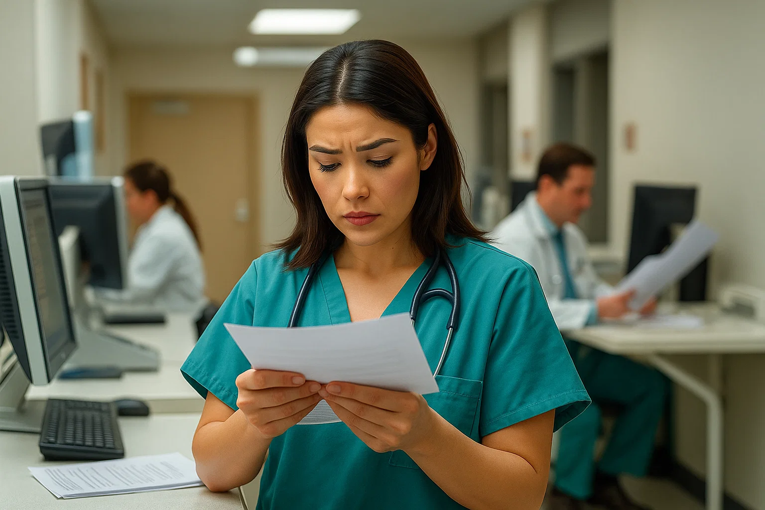 Healthcare professional surrounded by paperwork while onboarding at different hospitals