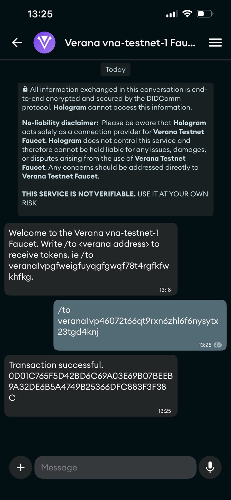 Chat interface showing the Verana faucet chatbot