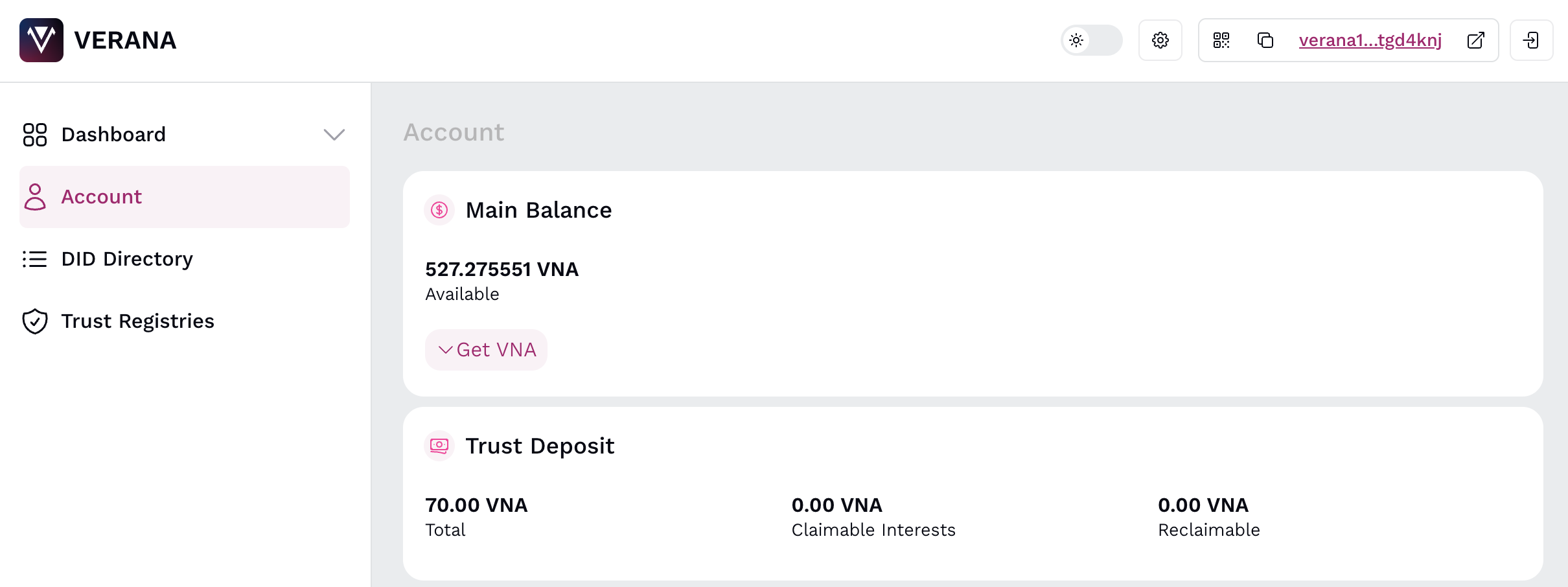 Verana frontend interface showing wallet connection and address copy button, dark theme, modern UI design