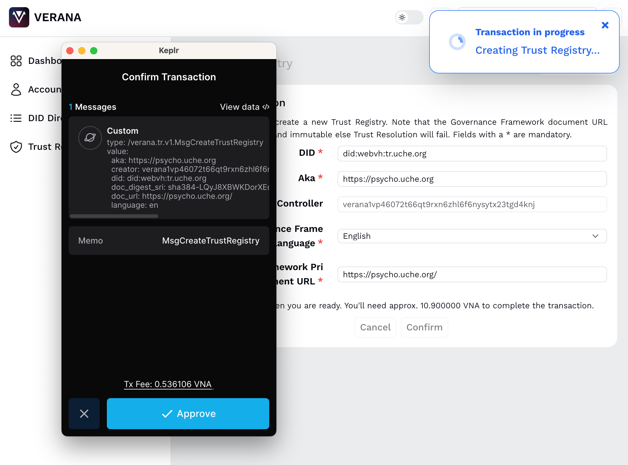 Verana frontend transaction interface, blockchain transaction execution, dark theme, modern UI with transaction history