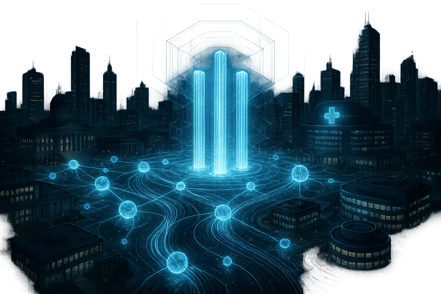 Interconnected network nodes representing trust relationships between government agencies, industry associations, and organizations, with flowing data streams and verification badges, futuristic digital infrastructure visualization