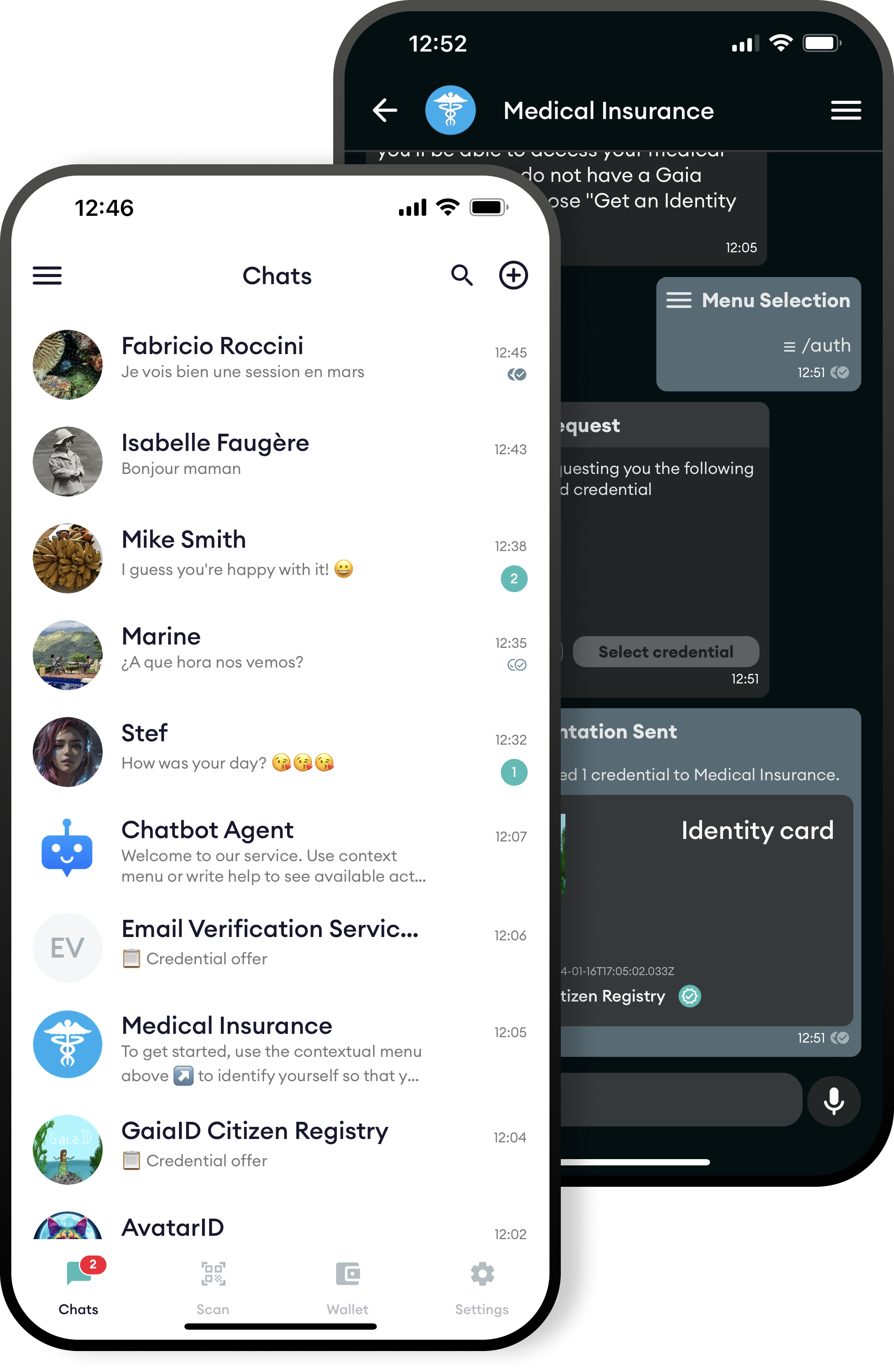 Mobile app interface for Hologram Messaging, dark theme, modern messaging app design, smartphone mockup