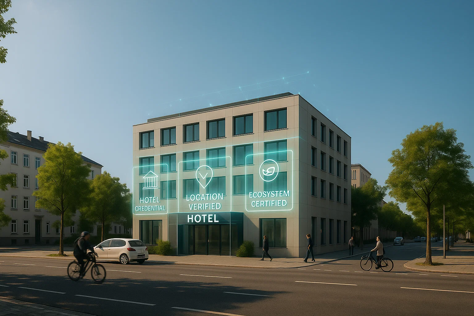 Architecture diagram connecting trust layer, HMS providers, hotels, and travelers