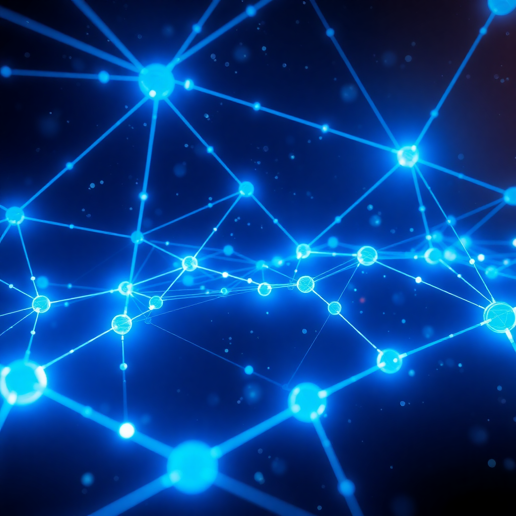 Futuristic blockchain network nodes connected in cosmic space