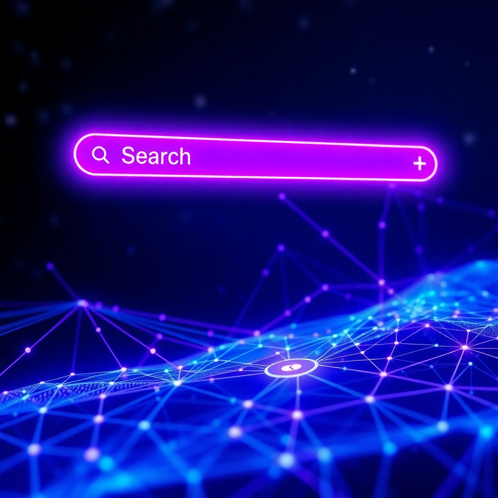 Modern search interface with orange accents and floating prompts