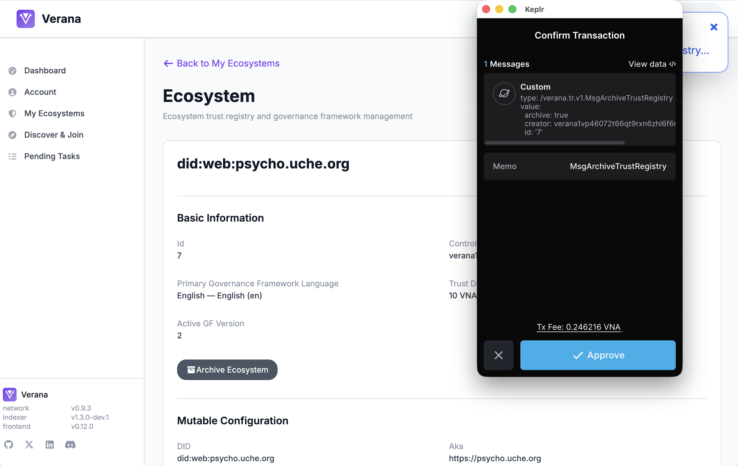 Verana frontend transaction interface, blockchain transaction execution, dark theme, modern UI with transaction history