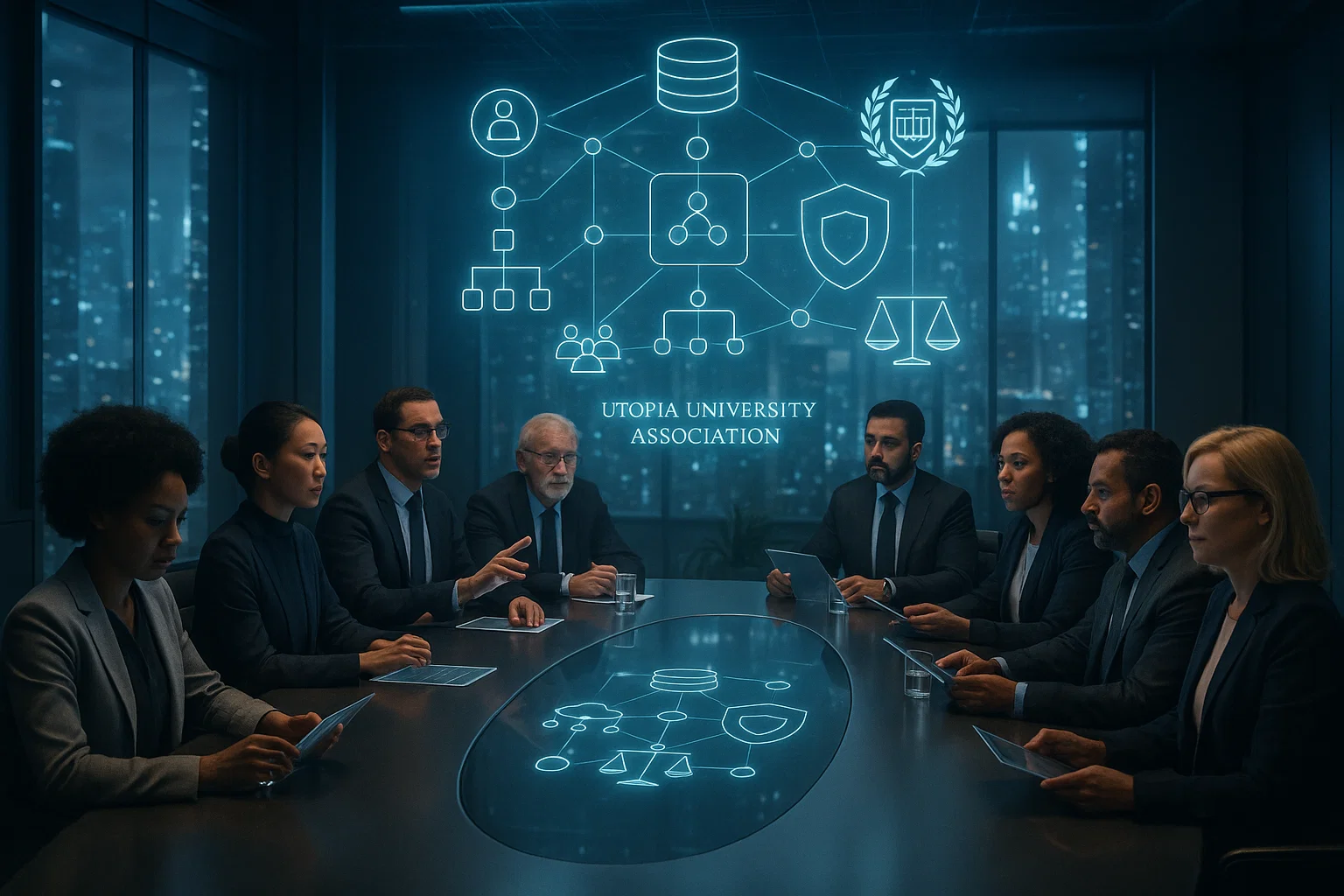 Legal document scroll with university seals and governance framework.