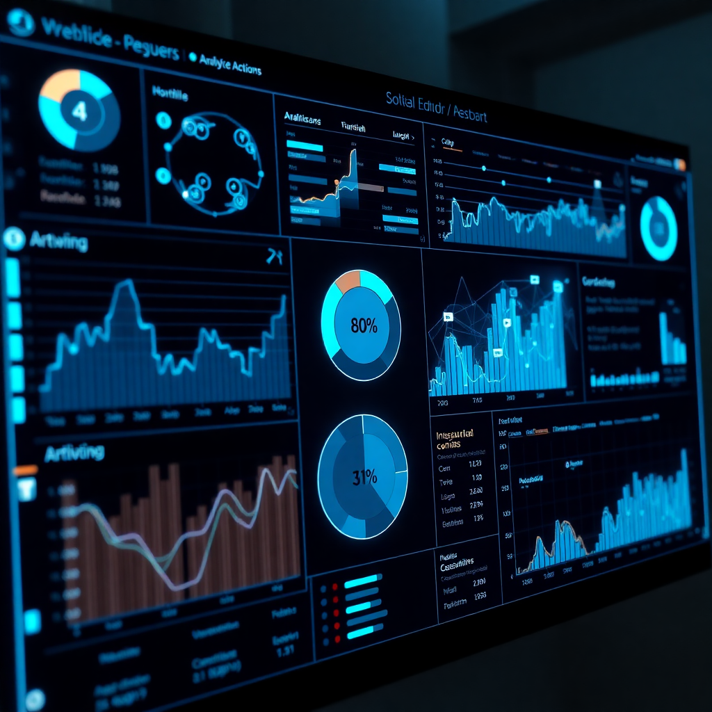 Analytics dashboard with glowing charts and ecosystem graphs